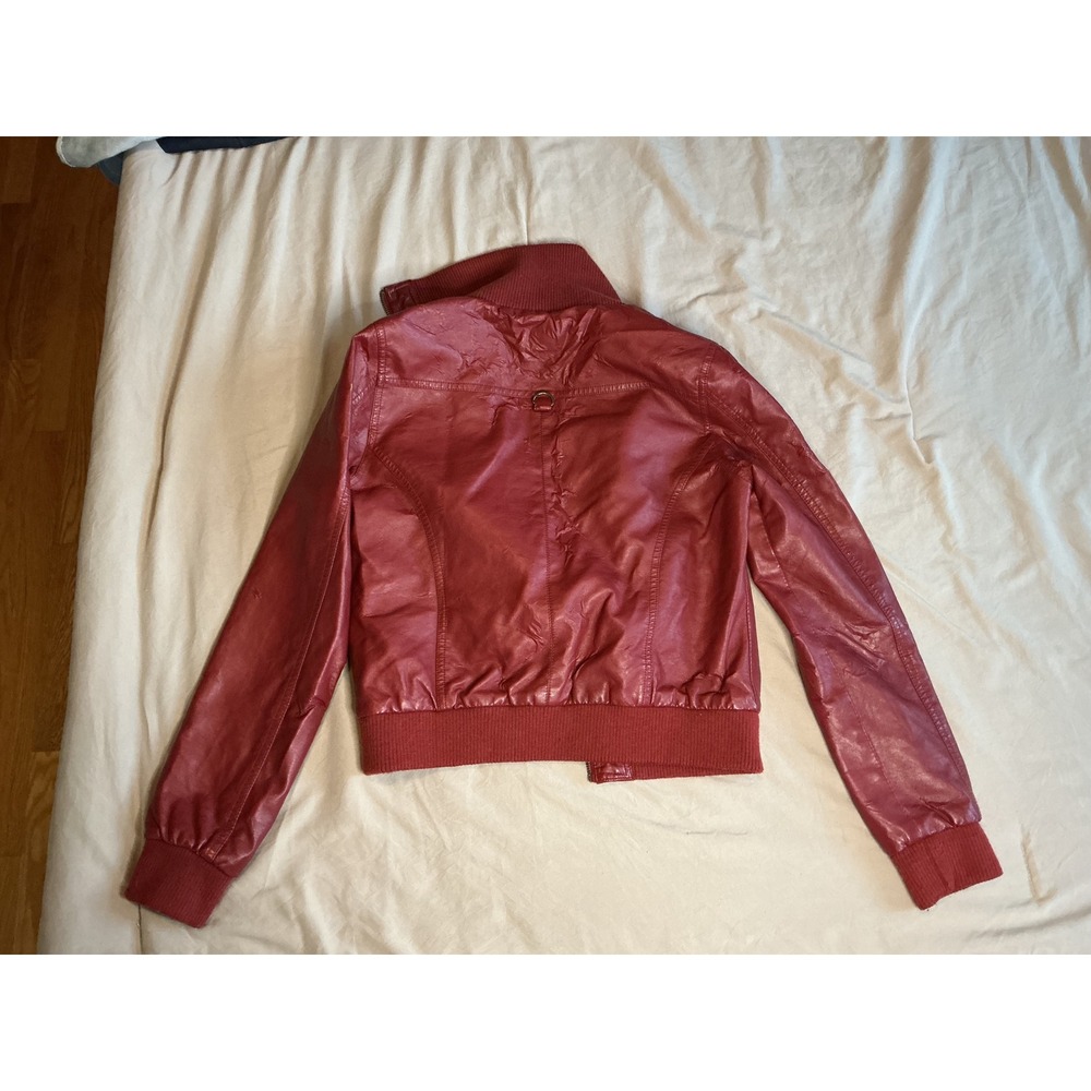 Vintage Forever 21 Red Faux Leather Bomber Jacket Ribbed Knit Trim Large - Picture 2 of 3